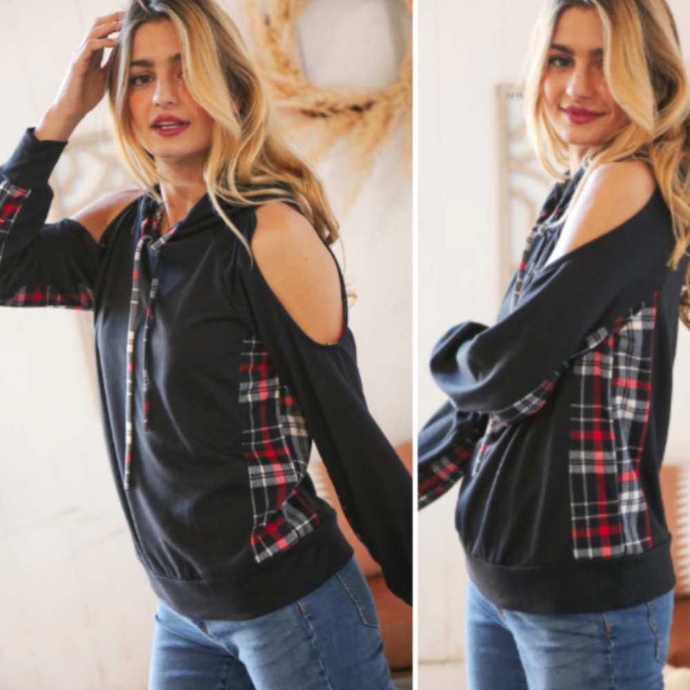 "The Freya" Black Plaid Cold Shoulder Hooded Top